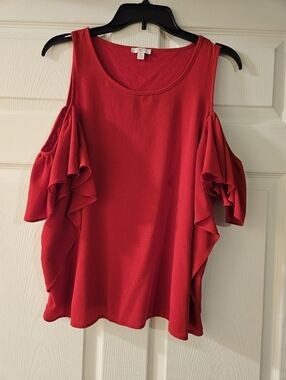 Cold-Shoulder Ruffle Women's Top - Red